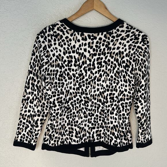 NEW WHBM Animal Print Full Zip Cardigan Sweater Office Preppy Black Trim Small - Picture 7 of 8